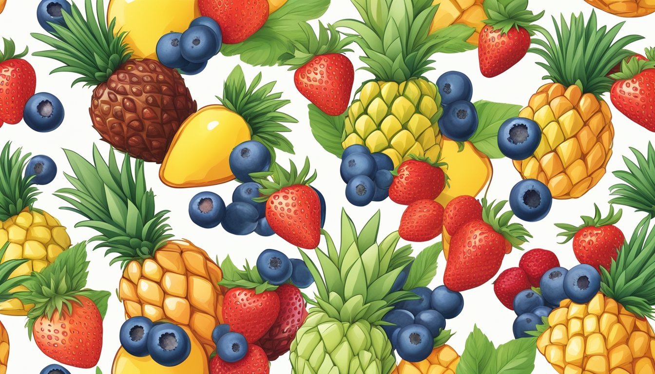 A colorful array of fresh fruit, including strawberries, blueberries, and pineapple, arranged in a vibrant cup on a clean, white background