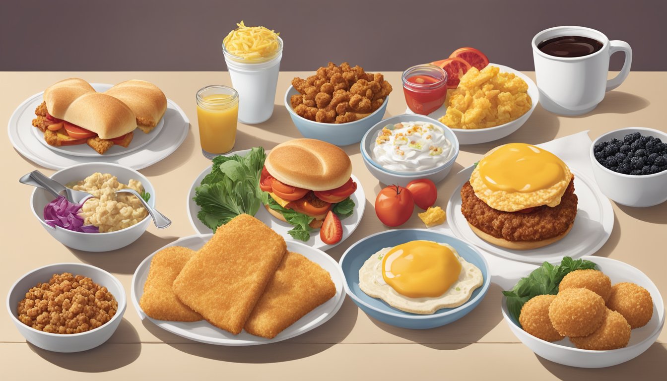 A colorful array of breakfast items from Chick-fil-A, including a variety of vegetarian options, arranged on a table with vibrant garnishes and seasonings