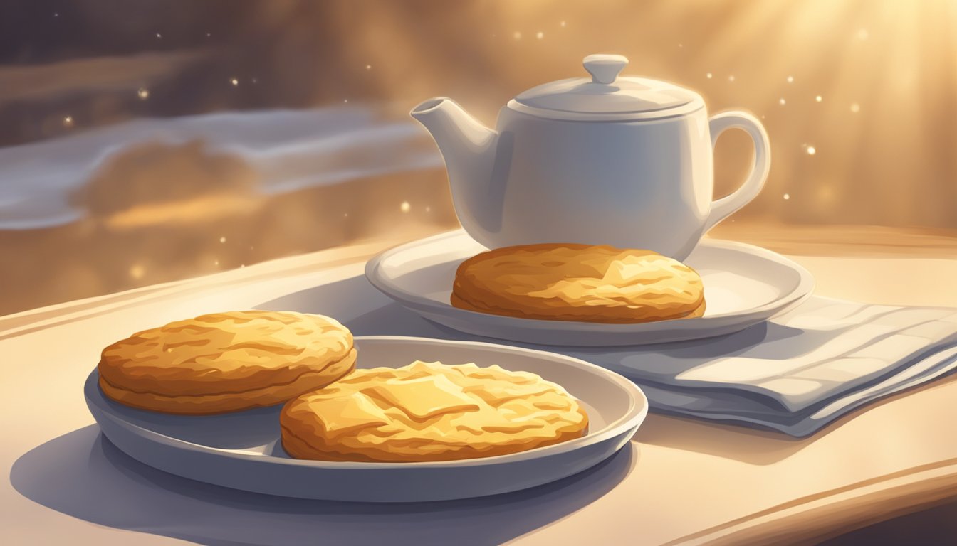 A golden, flaky country biscuit sits on a plate, surrounded by a warm, inviting glow. Steam rises from its buttery layers, promising a delicious breakfast experience