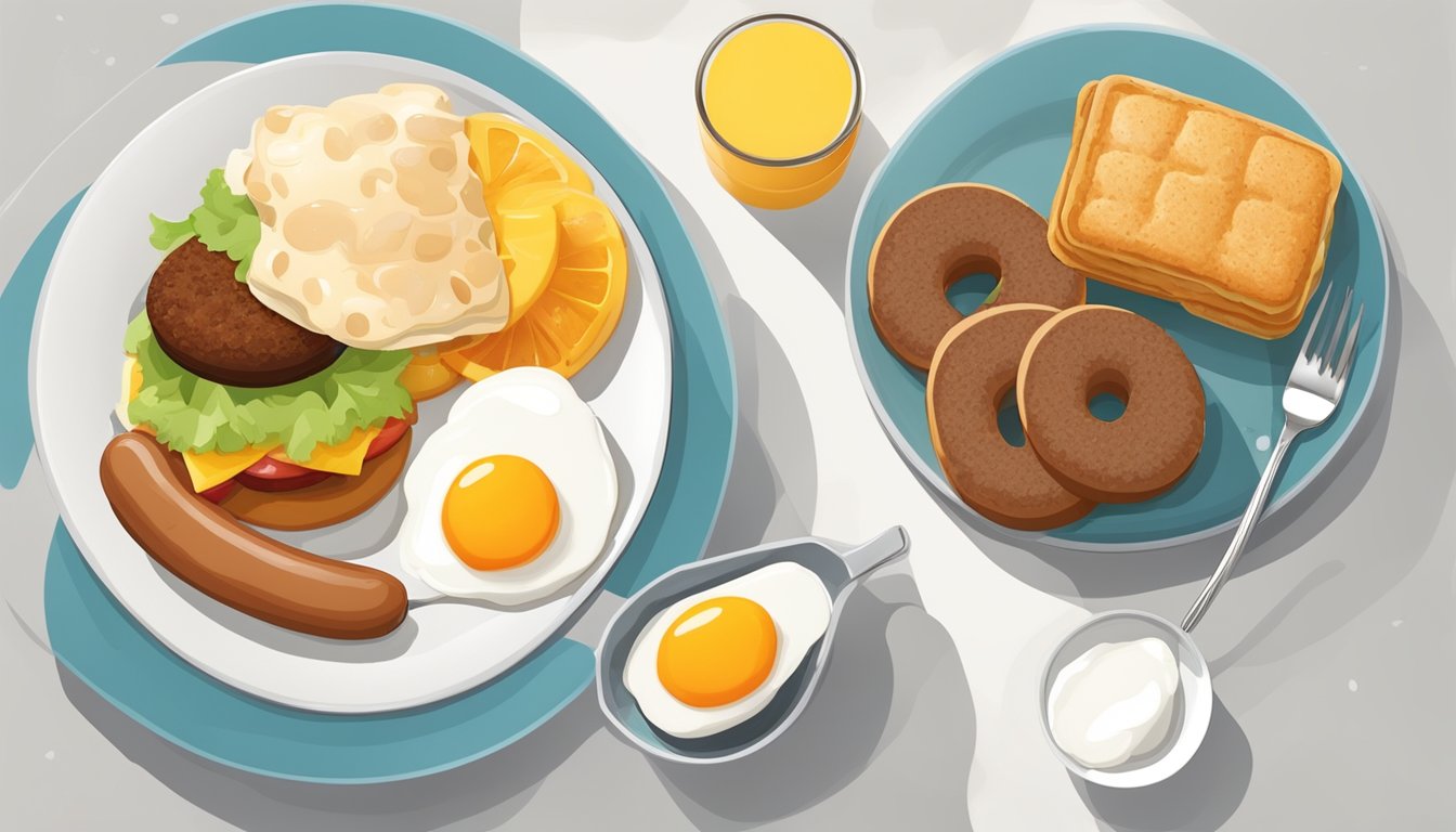 A colorful breakfast plate with a sausage patty, eggs, fruit, and a biscuit, all neatly arranged on a clean white background