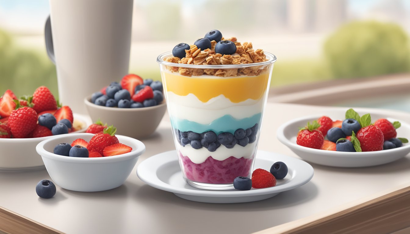 A colorful parfait with layers of Greek yogurt, fresh berries, and granola sits next to a menu featuring gluten-free breakfast items at Chick-fil-A