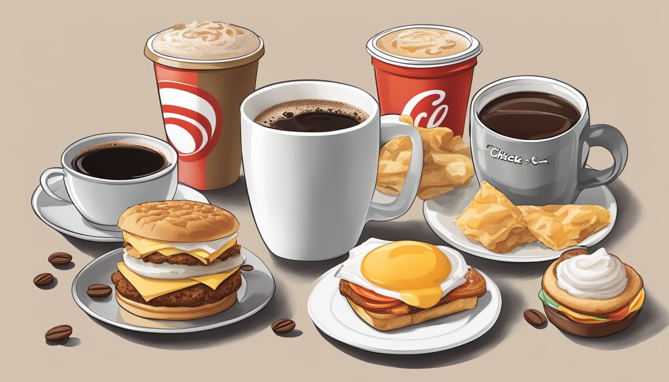 A steaming cup of premium Arabica coffee surrounded by 11 visual representations of Chick-fil-A breakfast items, with each one outshining the competition