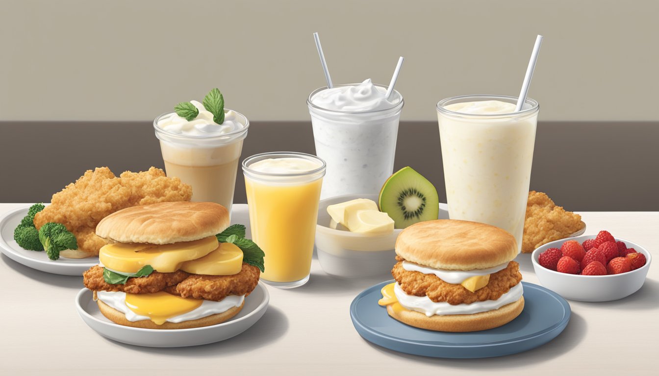 A breakfast table with a variety of gluten-free options from Chick-fil-A, including a chicken biscuit, hash browns, fruit cup, and yogurt parfait