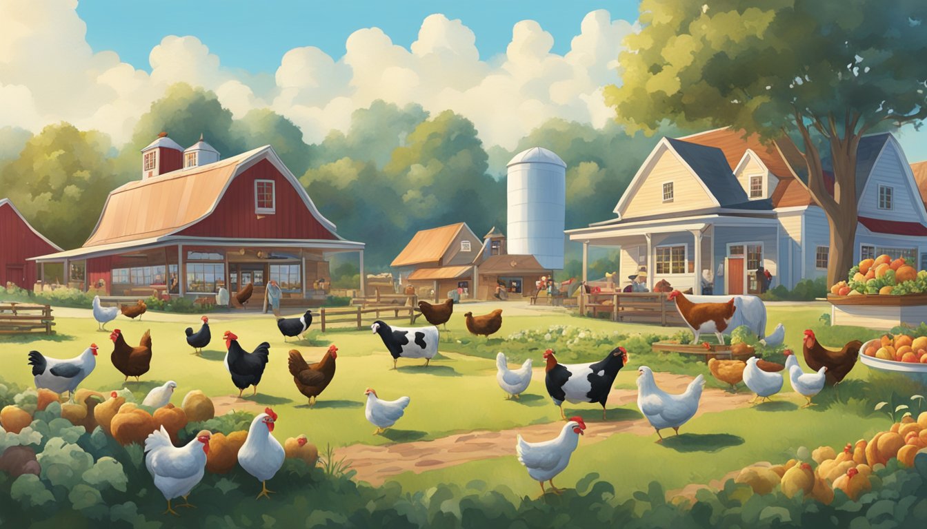 A farm with chickens, cows, and fields of produce, all under a clear blue sky, with a Chick-fil-A restaurant in the background