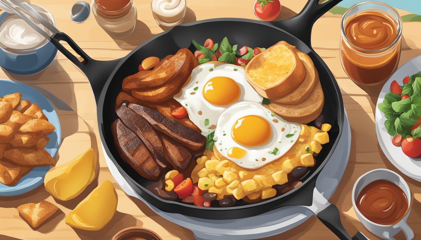 A sizzling skillet of breakfast items with a bottle of Smokehouse BBQ sauce on the side, surrounded by vibrant ingredients and a sunny backdrop