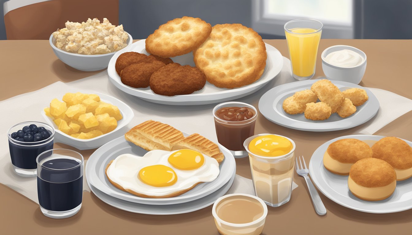 A table set with a variety of Chick-fil-A breakfast menu items, including biscuits, eggs, and fruit, with a clear indication of gluten-free options