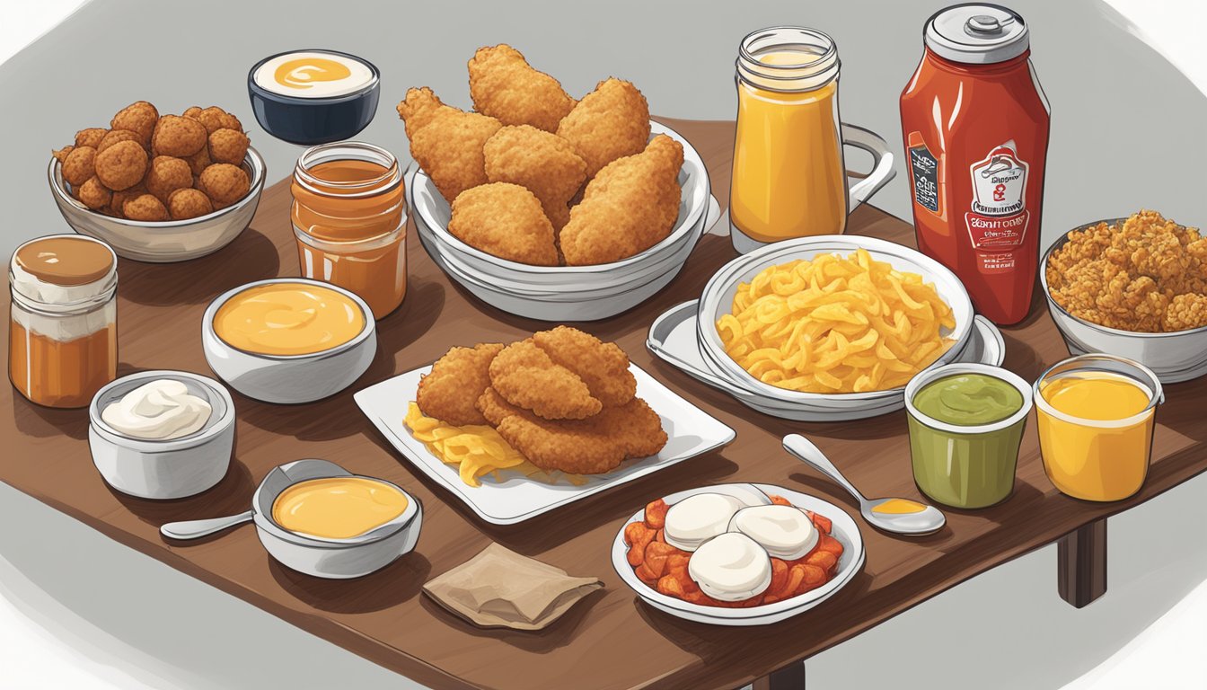 A table with various breakfast sauces, including ketchup, hot sauce, and honey mustard, surrounded by Chick-fil-A breakfast items like chicken biscuits and hash browns