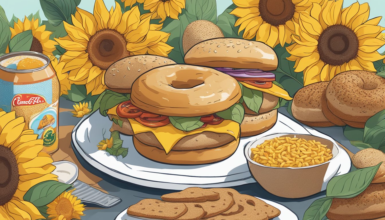 A sunflower multigrain bagel surrounded by 11 vibrant sunflowers, with a Chick-fil-A breakfast sandwich standing out among other breakfast items