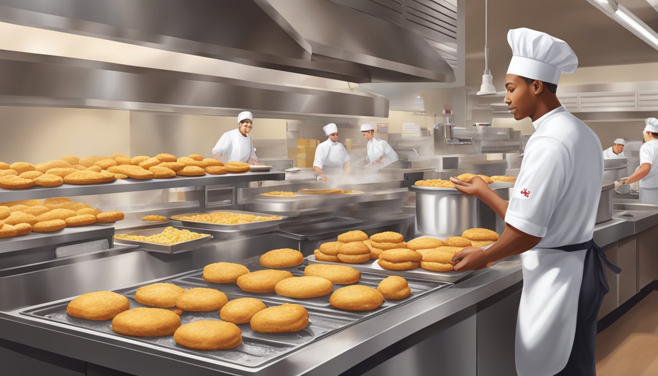 A sunny morning at a Chick-fil-A restaurant, with a chef preparing a batch of golden-brown chicken biscuits in a bustling kitchen