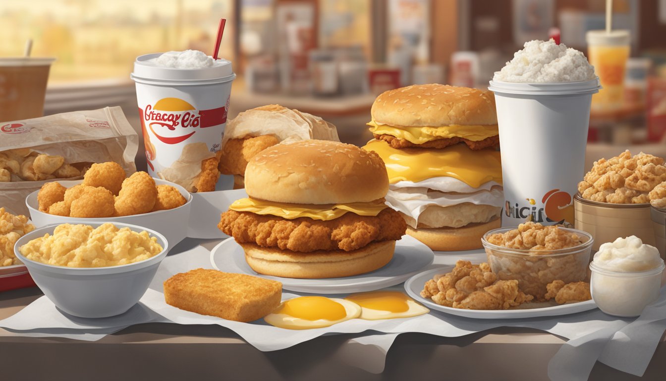 A steaming spicy chicken biscuit surrounded by regional Chick-fil-A breakfast items