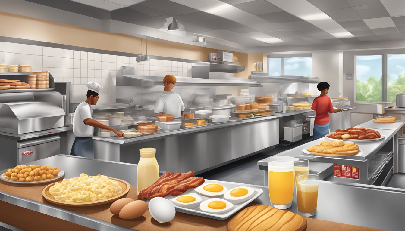 A bustling Chick-fil-A breakfast kitchen, with fresh eggs, sizzling bacon, and a variety of high-quality ingredients neatly arranged on the counter