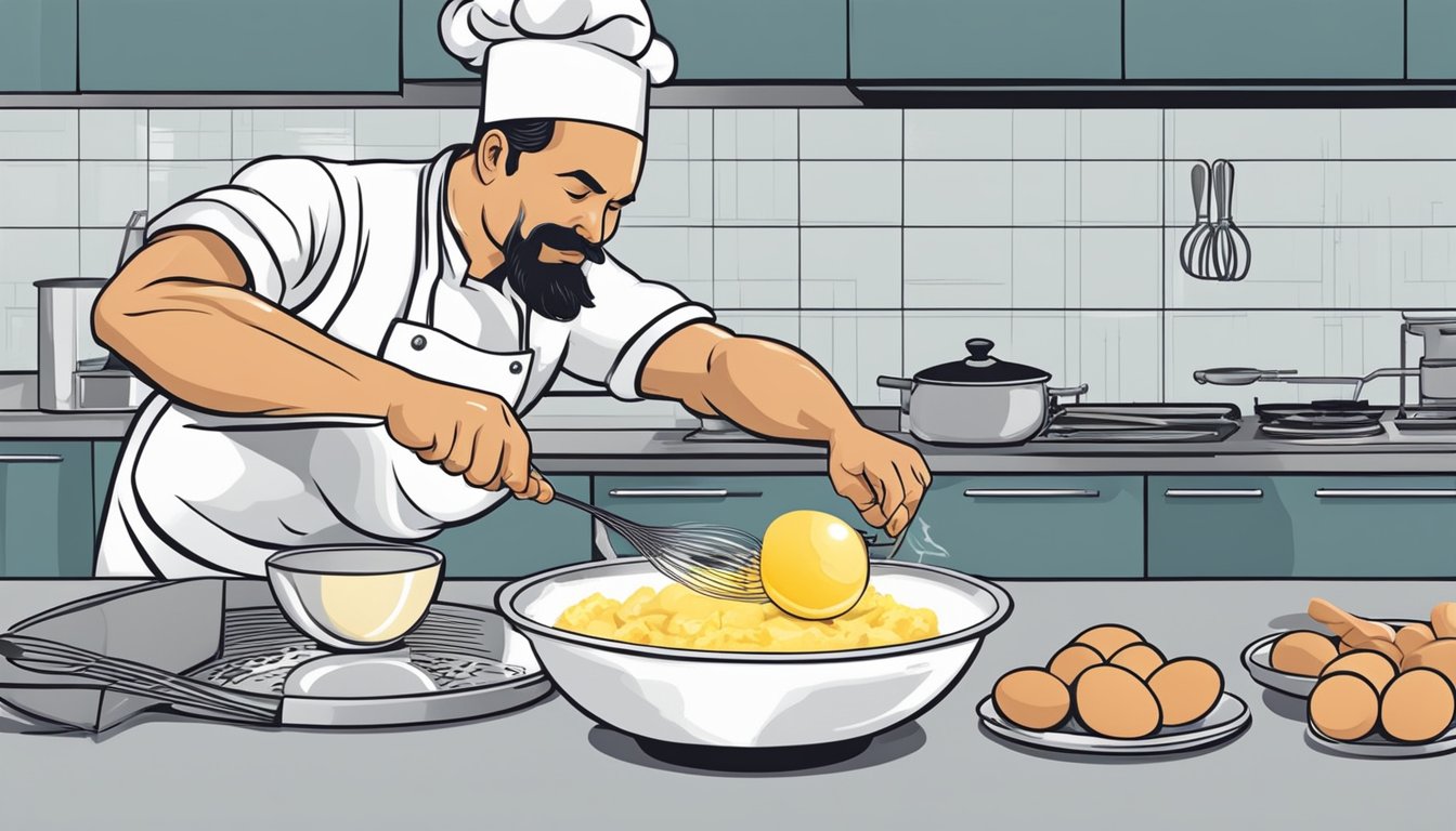 A chef cracking two eggs into a bowl, whisking them vigorously to create fluffy scrambled eggs