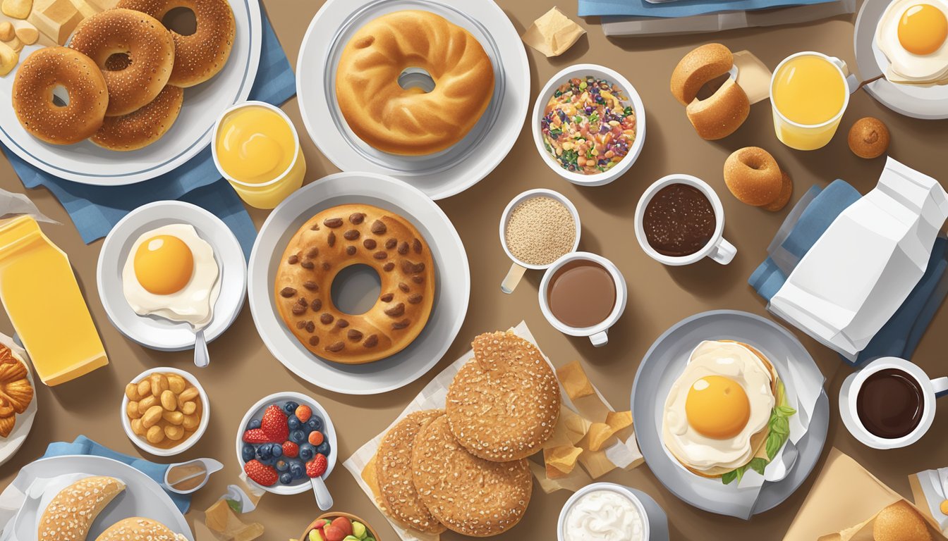 A colorful array of breakfast items spread out on a table, including a sunflower multigrain bagel and other regional Chick-fil-A specialties