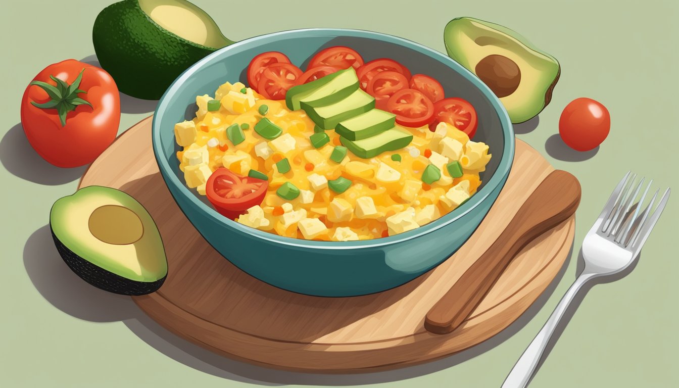 A colorful bowl filled with scrambled eggs, diced tomatoes, peppers, and cheese, topped with avocado slices and served with a side of salsa