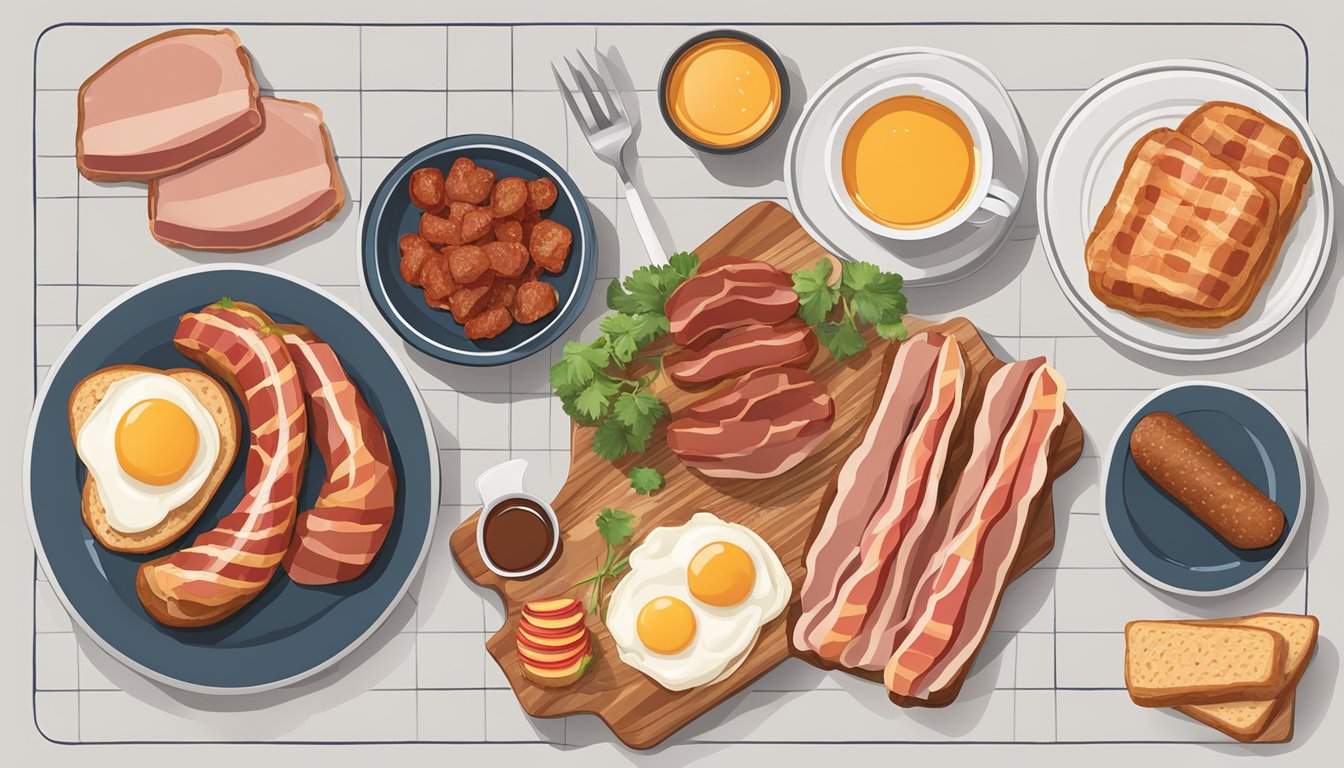 A breakfast menu with crossed-out items like bacon, sausage, and ham. A red "X" over each item