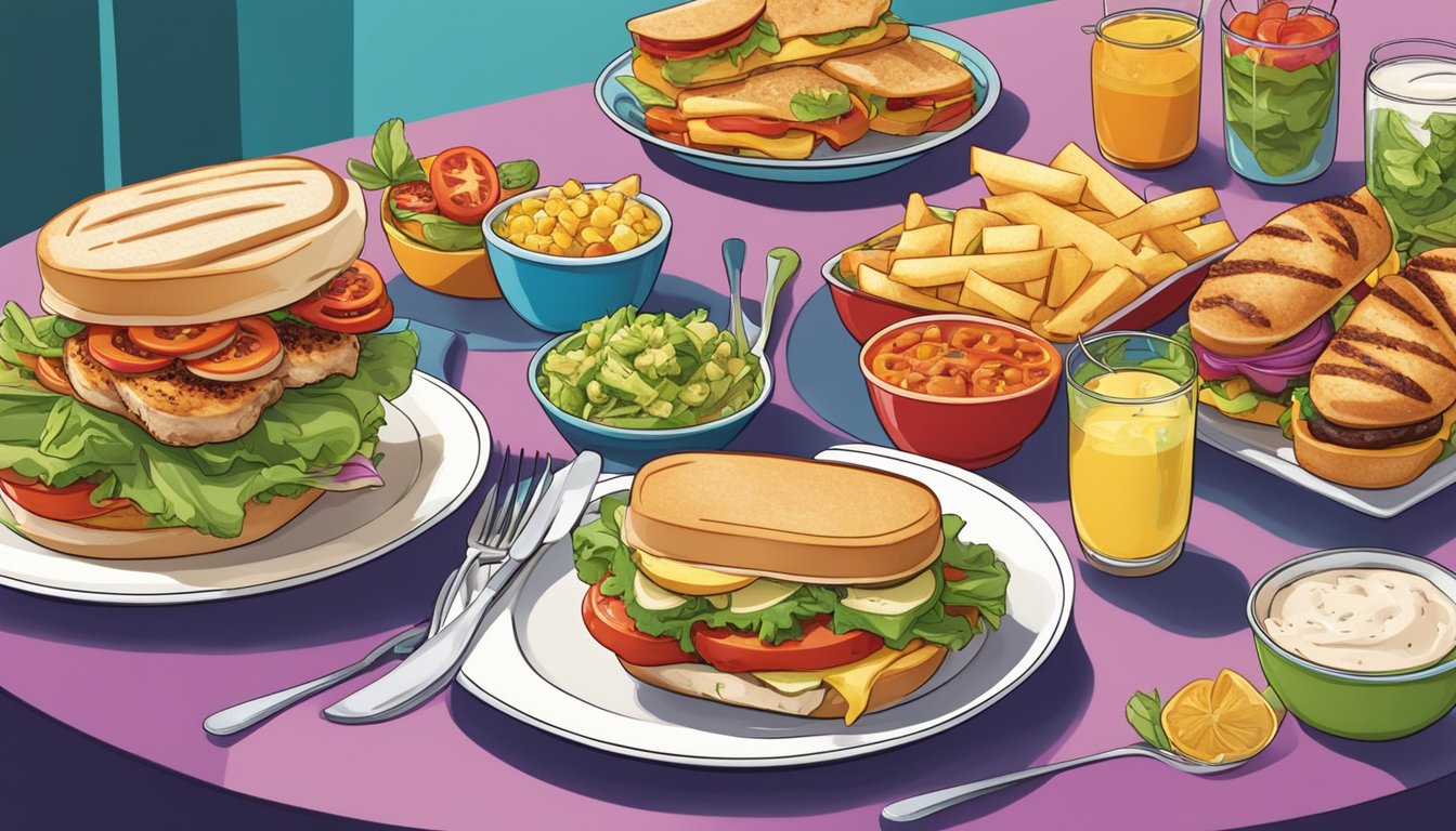 A colorful array of grilled chicken sandwiches, each with different healthy toppings and sides, displayed on a vibrant table setting