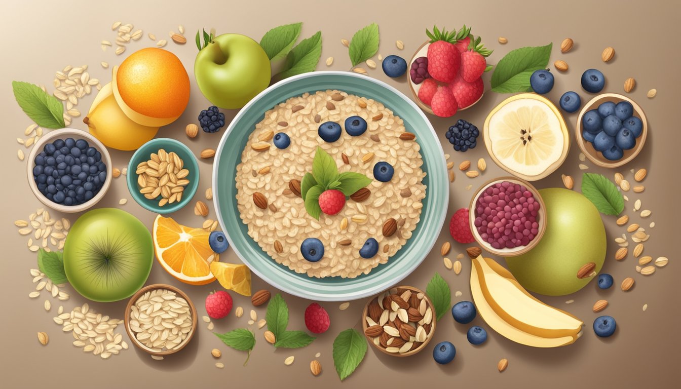 A table with 10 variations of multigrain oatmeal, surrounded by fresh fruits, nuts, and seeds