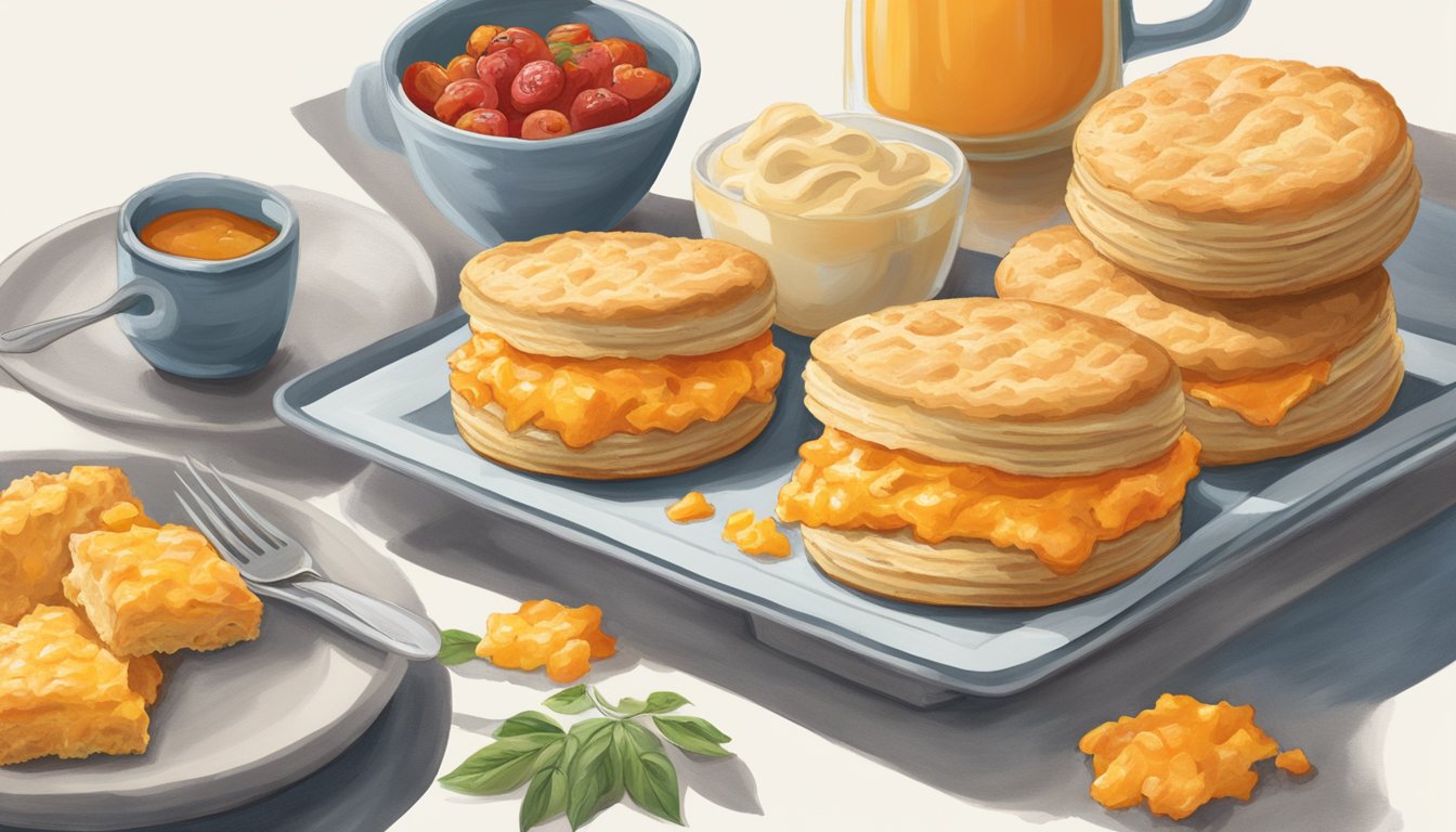 A flaky biscuit filled with pimento cheese, surrounded by a warm, inviting breakfast spread