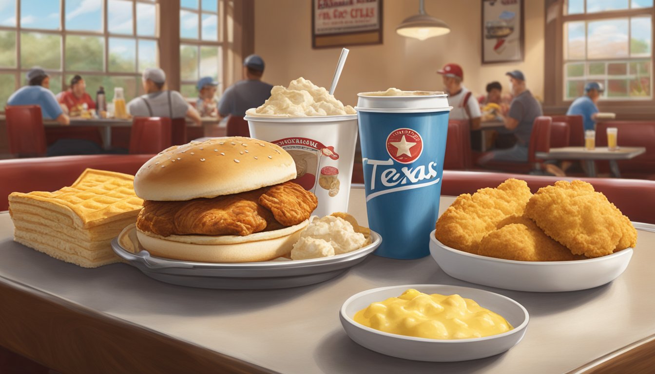 A steaming Texas Pete Chicken Biscuit surrounded by Chick-fil-A breakfast items in a Southern diner setting