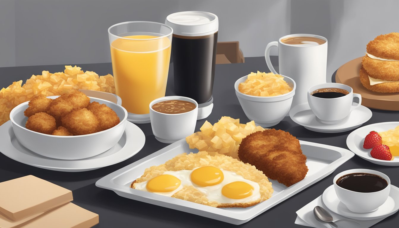 A tray of Chick-fil-A breakfast items with a side of fruit and a cup of black coffee, with the hash browns noticeably absent