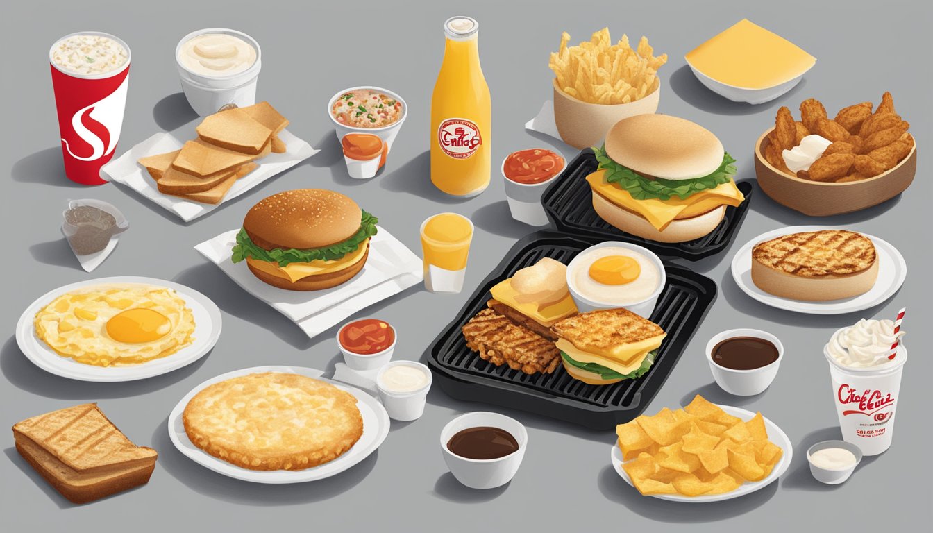 A sizzling Pepper Jack Egg White Grill surrounded by 13 unique Chick-fil-A breakfast items from different regions