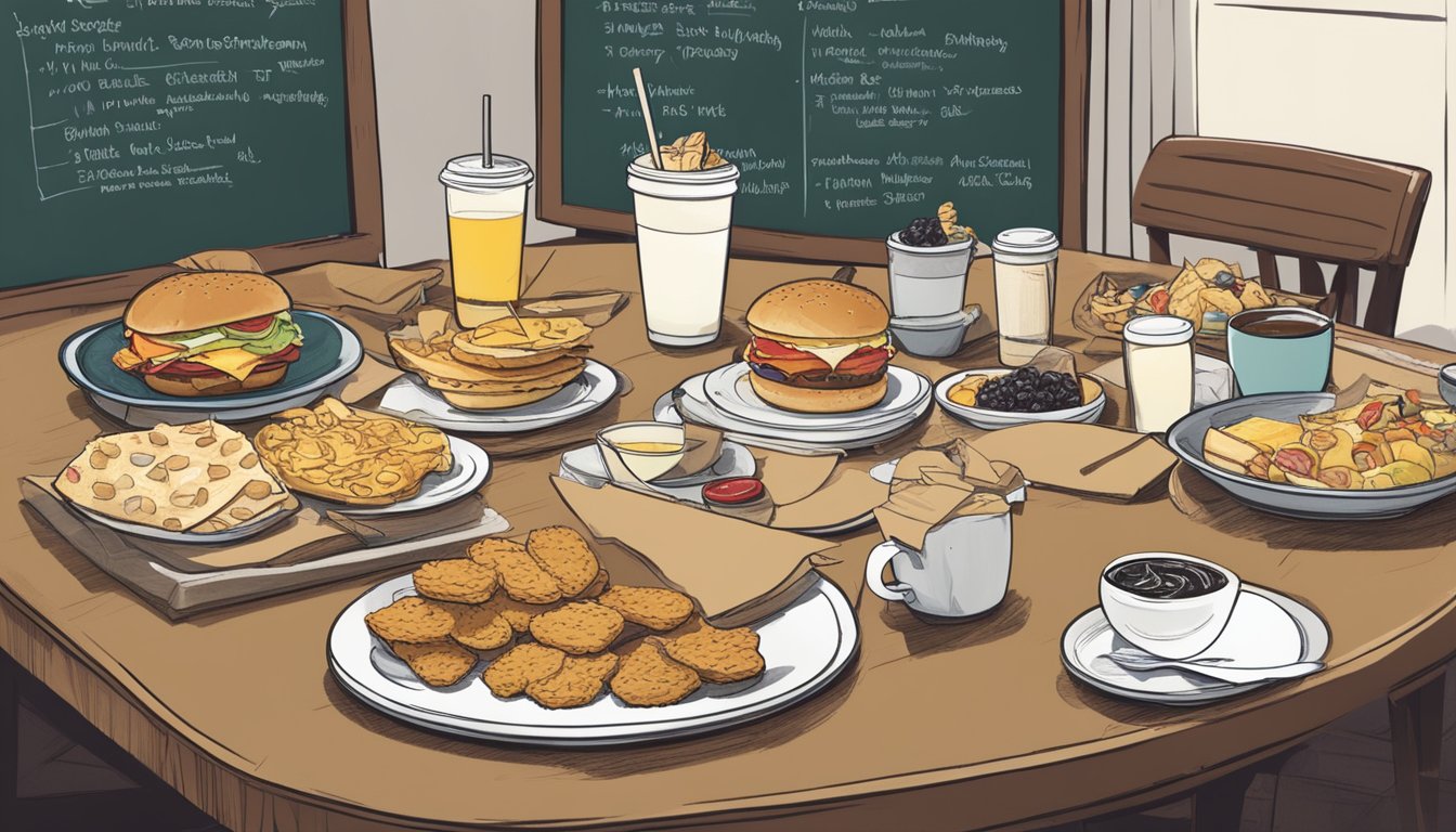 A cluttered table with scattered breakfast items, a chalkboard with crossed-out menu items, and a group of Chick-fil-A fans debating theories