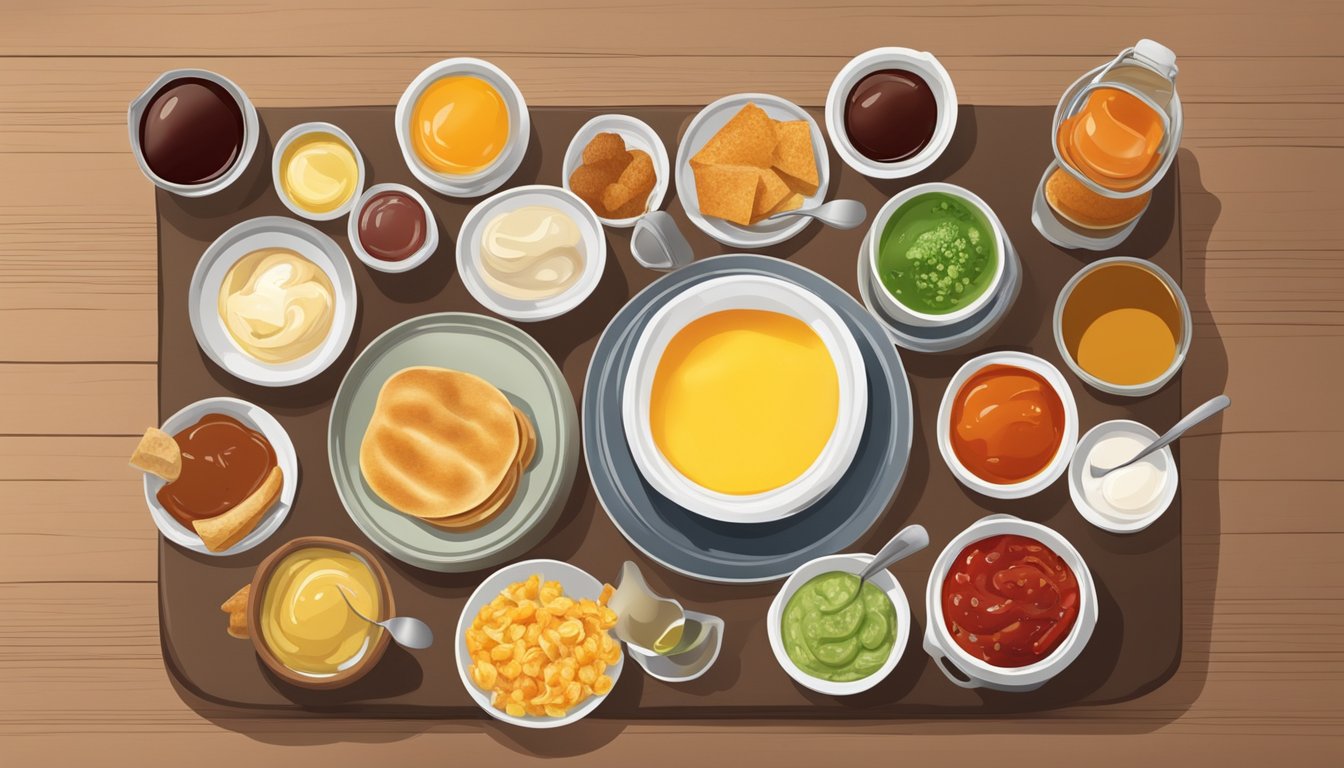 A breakfast table with a variety of sauces and condiments, with ten of them being crossed out or restricted in some way to indicate limitation for a healthier meal