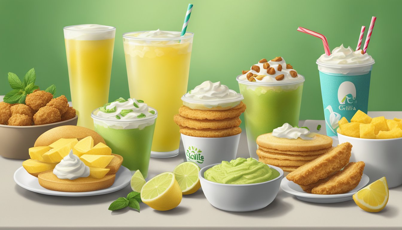 A tall glass of frosted key lime lemonade surrounded by a selection of Chick-fil-A breakfast items, set in a region-specific environment