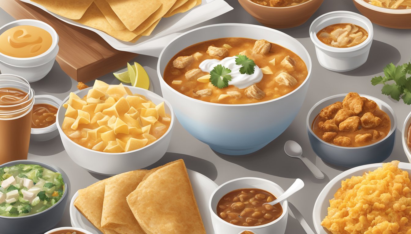 A steaming bowl of chicken enchilada soup surrounded by regional Chick-fil-A breakfast items