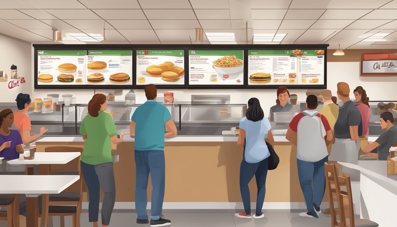 A bustling Chick-fil-A restaurant with a variety of unique breakfast items displayed on the menu board. Customers line up eagerly to place their orders