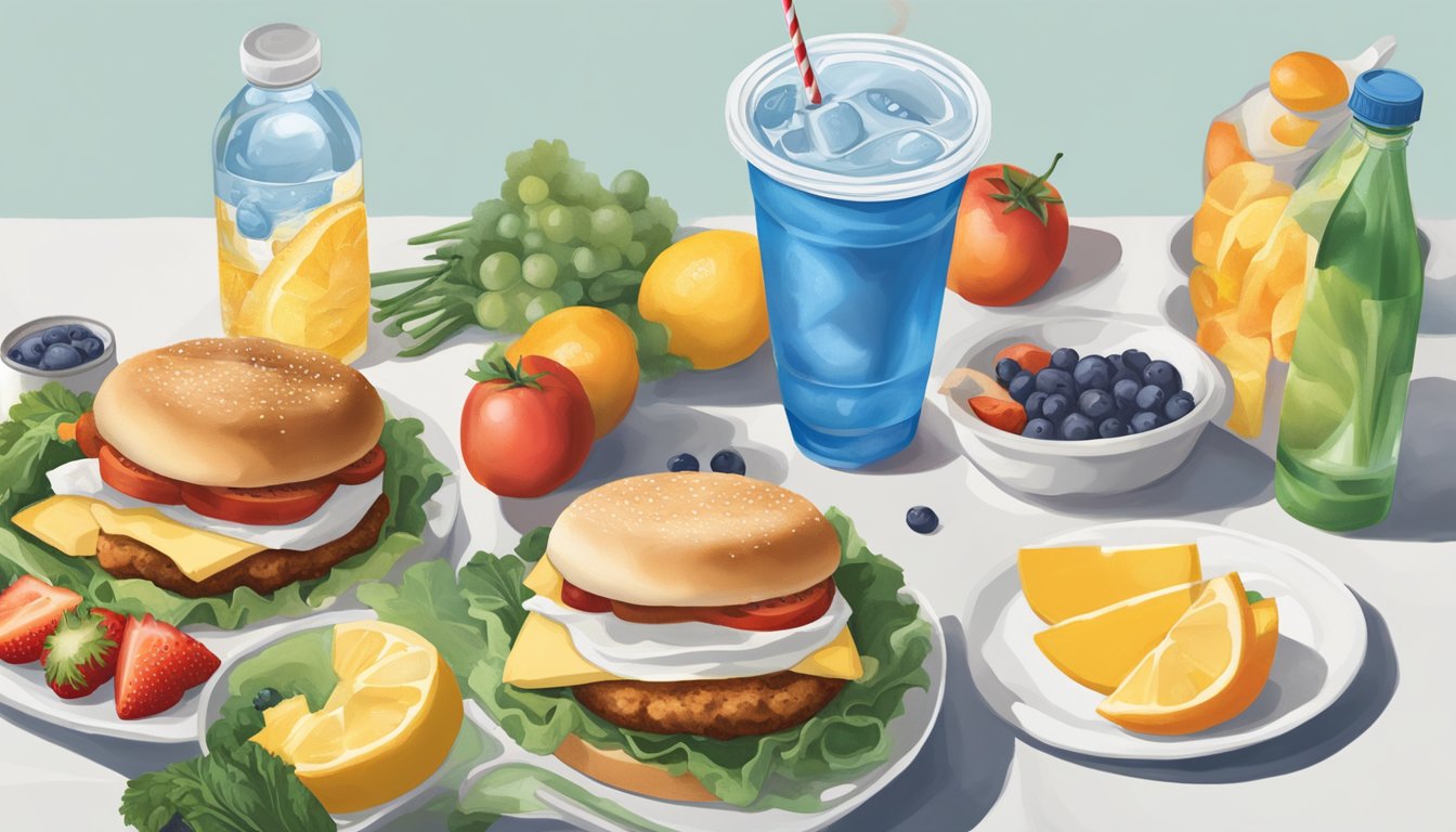 A hand reaches for a bottled water next to a Chick-fil-A breakfast meal, surrounded by fresh fruits and vegetables