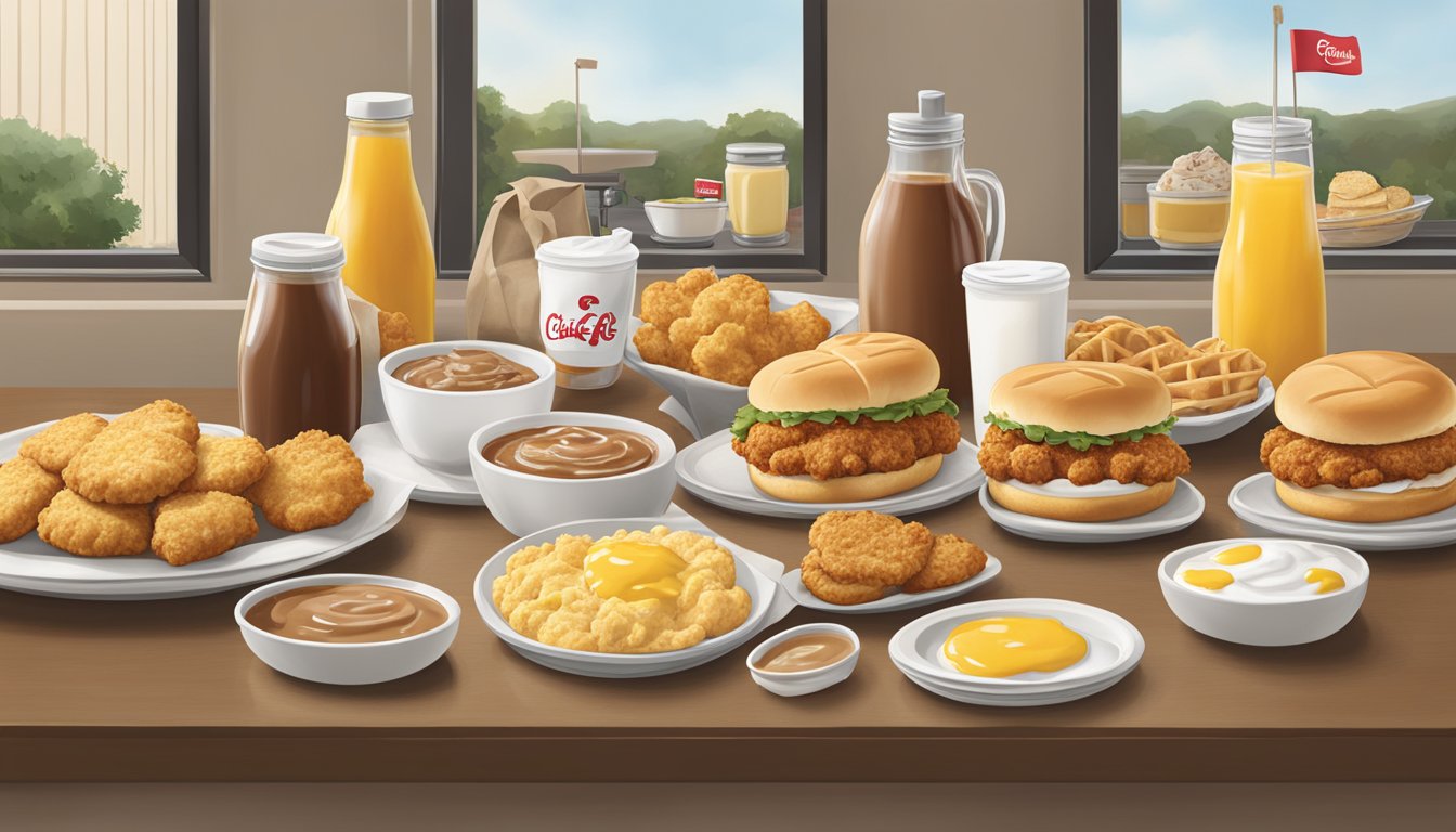 A colorful array of regional Chick-fil-A breakfast items displayed on a table, including biscuits, chicken sandwiches, and specialty sauces