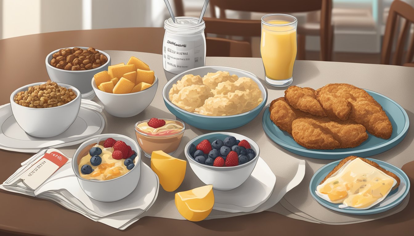 A table spread with various healthy breakfast options next to a Chick-fil-A breakfast meal, with a nutrition label and 10 tips displayed