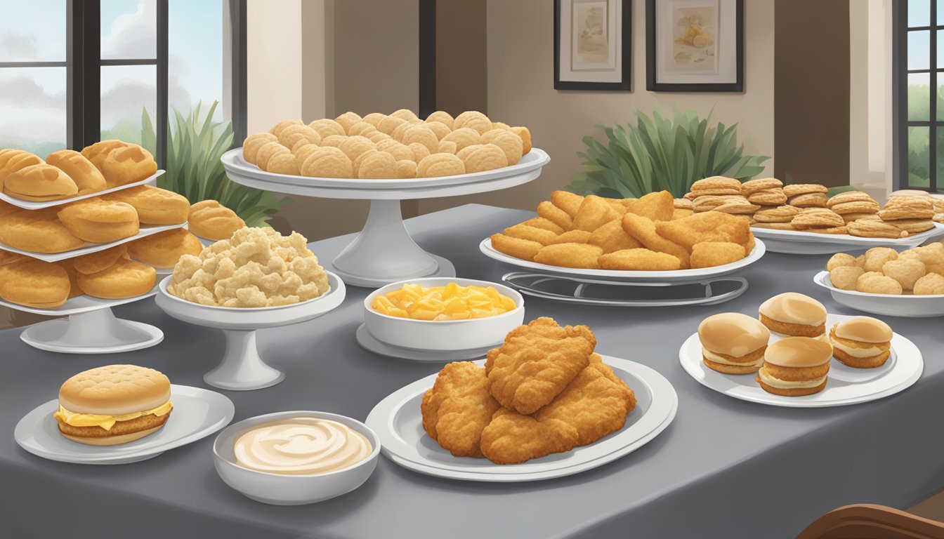 A table with a platter of Chick-fil-A Chicken Biscuits and other breakfast catering options set up for an event