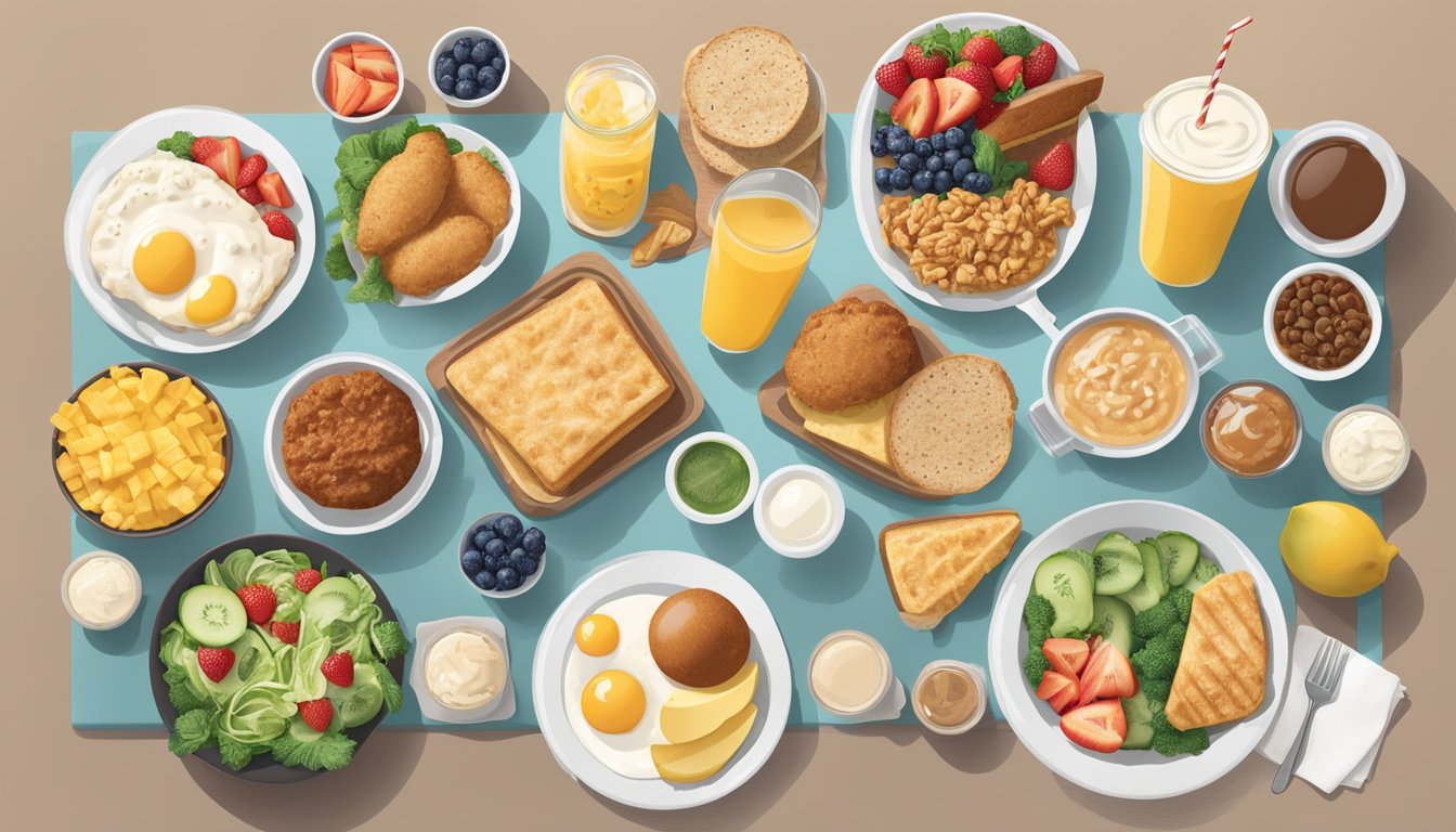 A table with various breakfast items from Chick-fil-A, surrounded by 10 different healthy food options such as fruits, vegetables, and lean protein choices