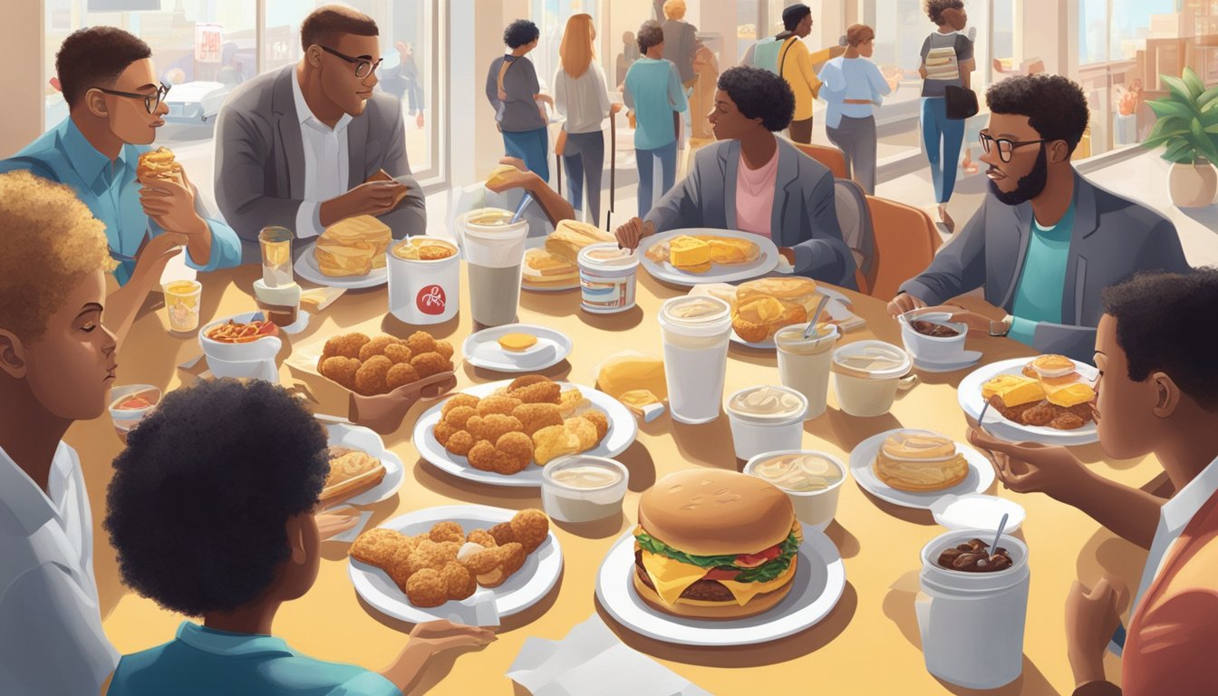 A table with a spread of Chick-fil-A breakfast items surrounded by skeptical onlookers