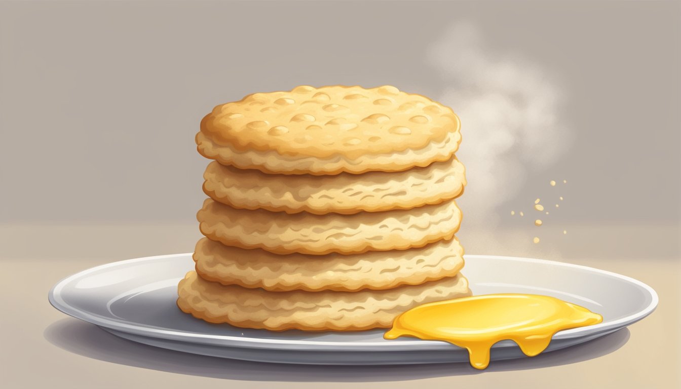 A golden, perfectly fluffy biscuit sits on a white plate, steam rising from its surface. A pat of butter melts into the layers, adding to the legendary texture