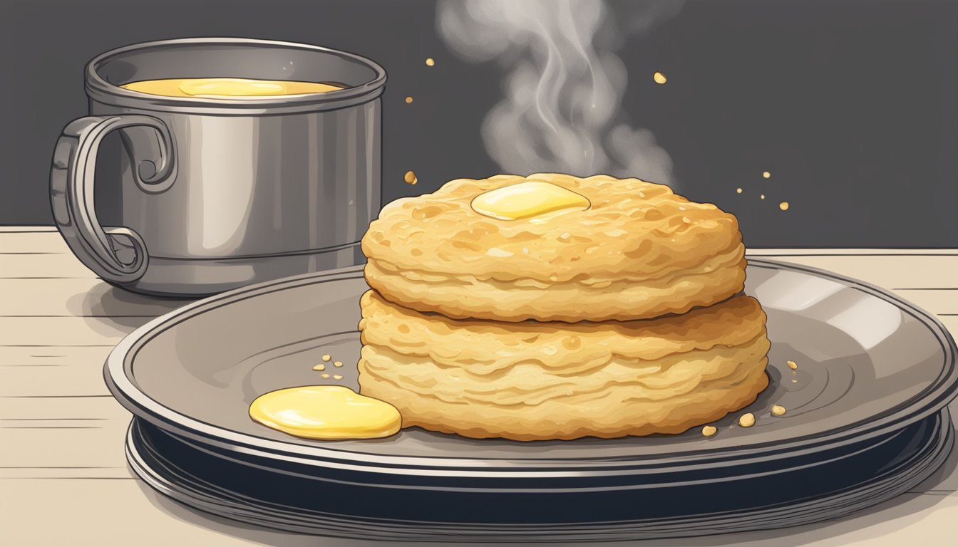 A golden, flaky buttermilk biscuit sits on a plate, steam rising from its warm interior. A dollop of butter glistens on top, ready to melt into the tender layers