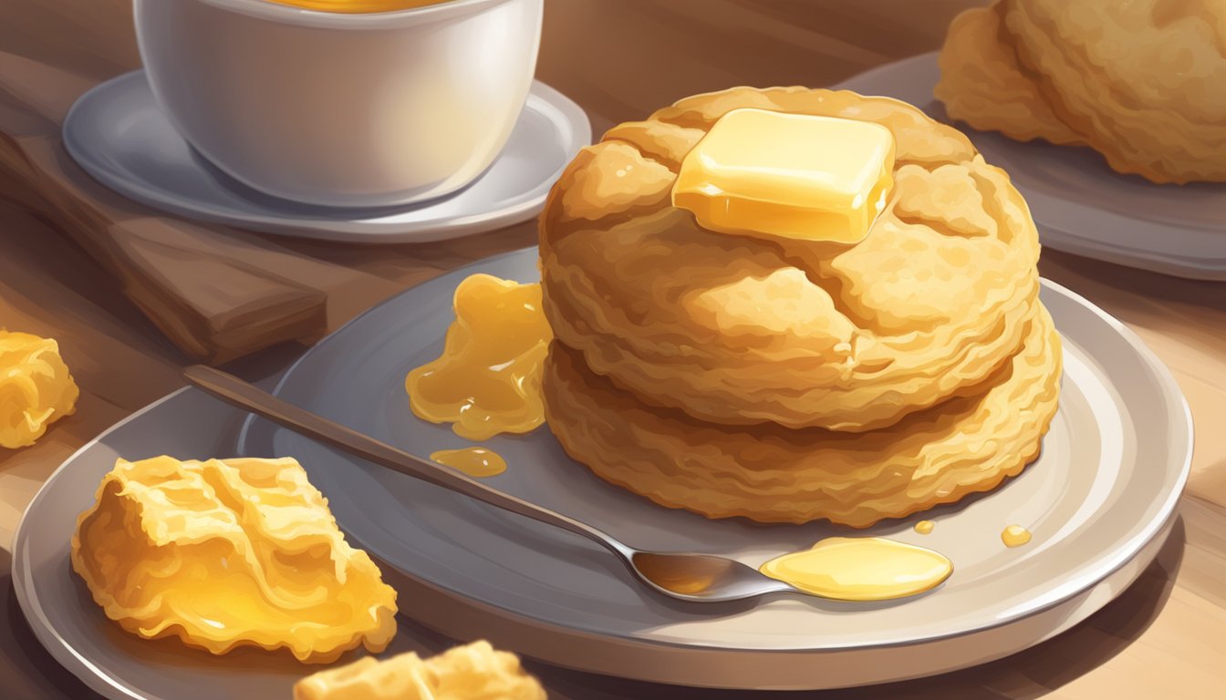 A golden, flaky biscuit topped with a generous dollop of honey butter, surrounded by warm, inviting morning light