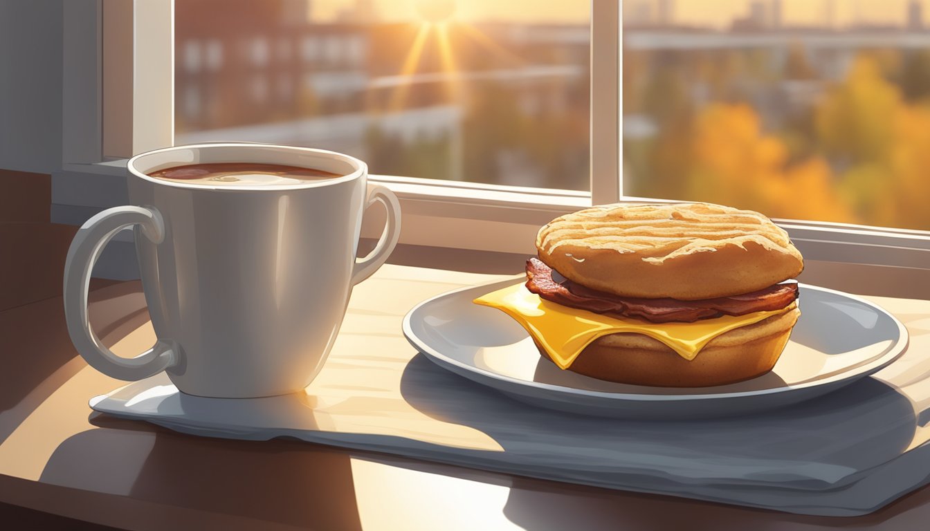 A sizzling bacon, egg, and cheese muffin sits on a plate next to a steaming cup of coffee, with the morning sun streaming in through a window