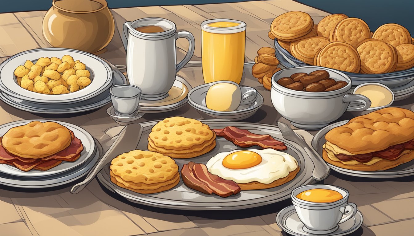 A table set with a tray of golden, flaky biscuits, accompanied by a variety of classic Southern breakfast items like eggs, bacon, and sausage, all arranged in a mouthwatering display