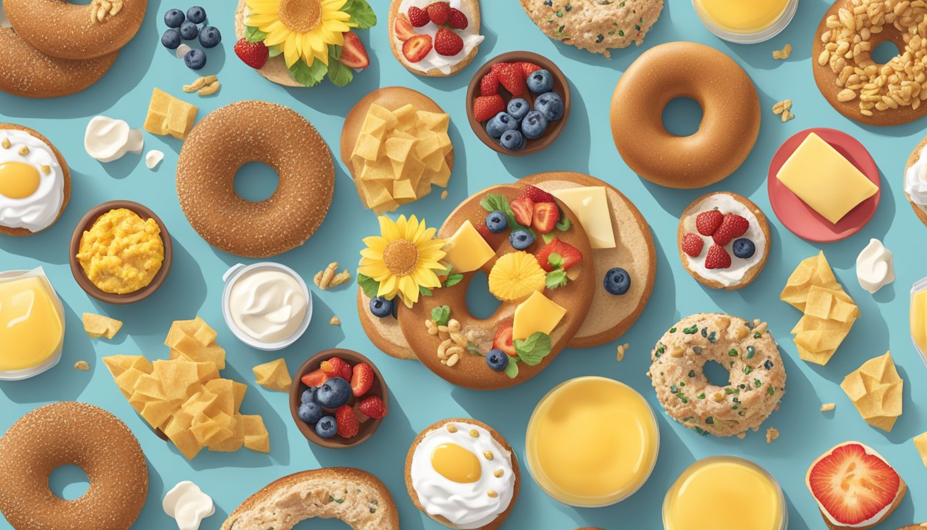 A colorful array of Chick-fil-A breakfast items arranged around a sunflower multigrain bagel, tempting and worth the extra calories