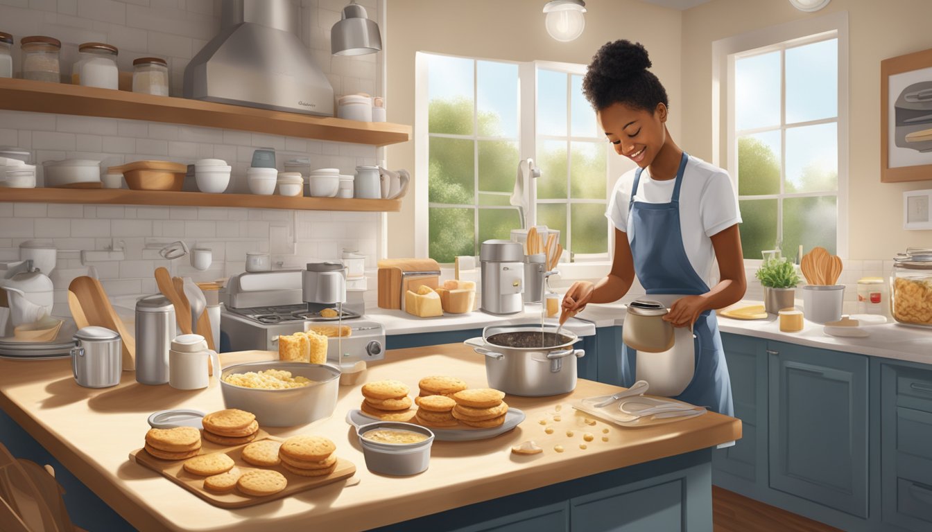 A sunny morning with a Chick-fil-A breakfast biscuit being freshly made in a bustling kitchen, surrounded by various ingredients and kitchen utensils