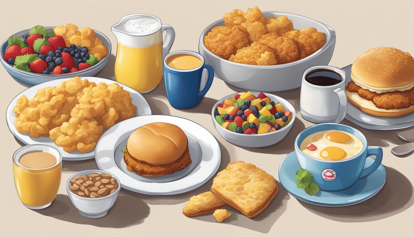 A table set with a variety of Chick-fil-A breakfast items, including biscuits, chicken sandwiches, and hash browns, surrounded by colorful fruits and a steaming cup of coffee