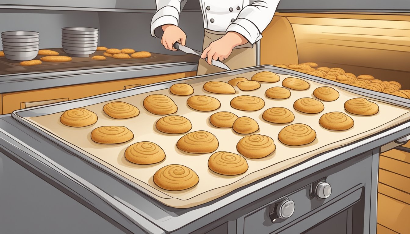 A chef rolls out dough, cuts biscuits, and places them on a baking sheet. A warm, golden oven awaits