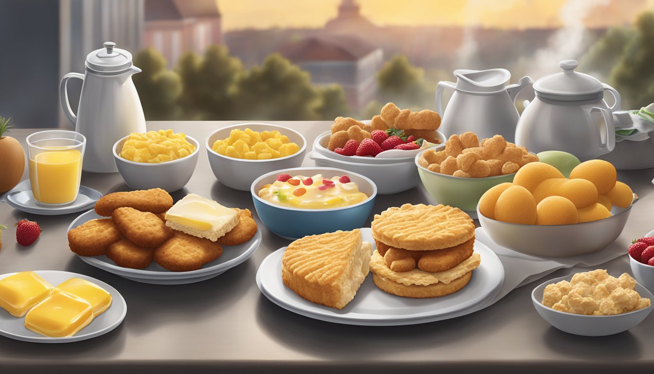 A colorful spread of Chick-fil-A breakfast items, including biscuits, chicken, eggs, and fruit, arranged on a table with steam rising from the hot items