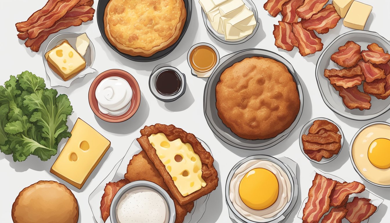 A breakfast muffin surrounded by bacon, eggs, and cheese, with other Chick-fil-A breakfast items arranged neatly for meal prep