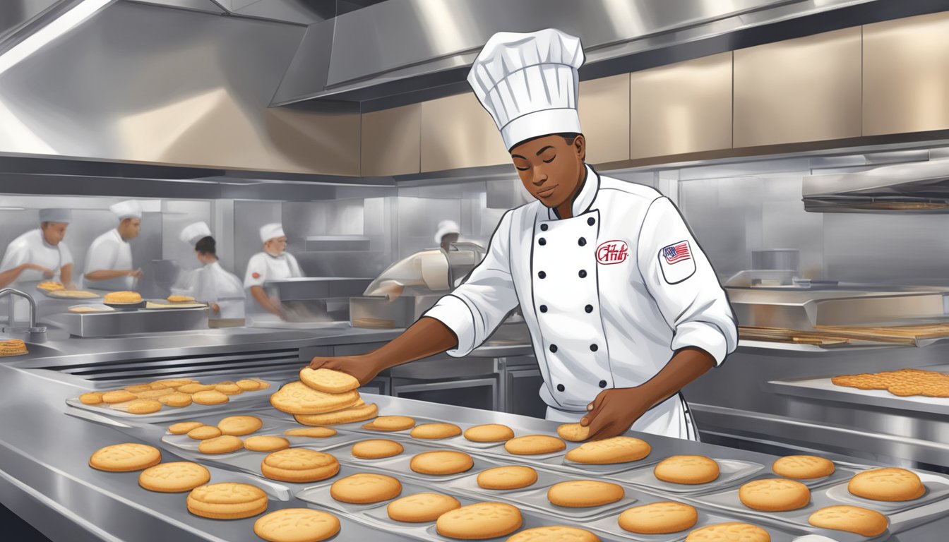 A chef prepares a batch of fresh biscuits from scratch in a bustling Chick-fil-A kitchen