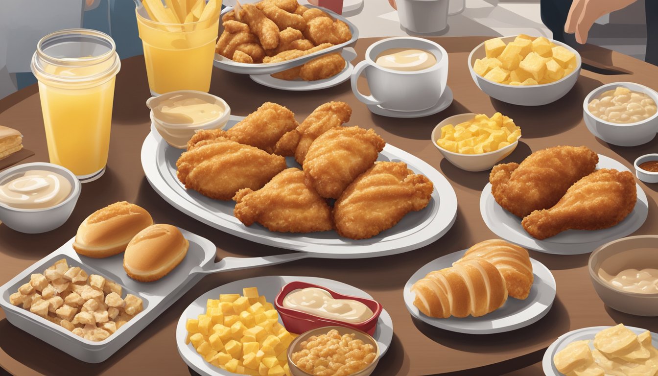 A platter of Chicken Minis surrounded by breakfast items at a bustling Chick-fil-A restaurant