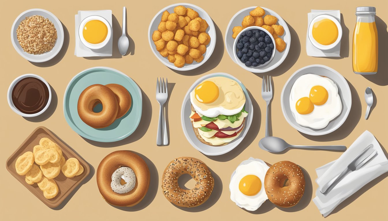 A table set with a variety of Chick-fil-A breakfast items, including a sunflower multigrain bagel, arranged neatly for meal prep